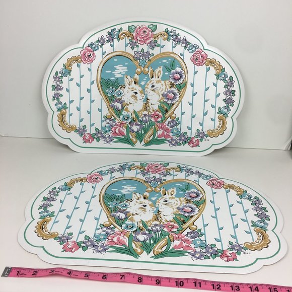 2 Vtg Easter Rabbit Bunny Heart Pastel Floral Easter Placemats Town Country READ - Picture 1 of 11